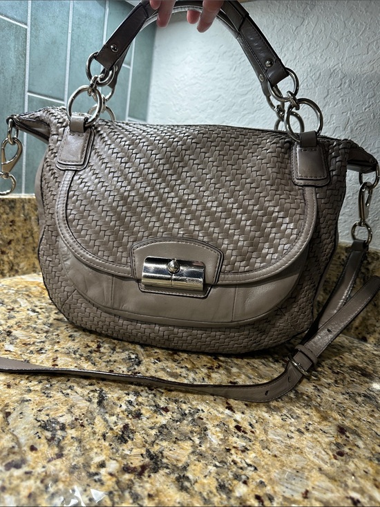 Coach Handbags - Coach Kristen Woven Leather Shoulder Satchel in Taupe Gray with pink interior